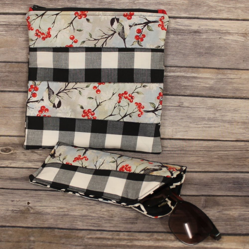 Robin Printed Black & White Buffalo Check Berries Zippered Pouch & Sunglass Case